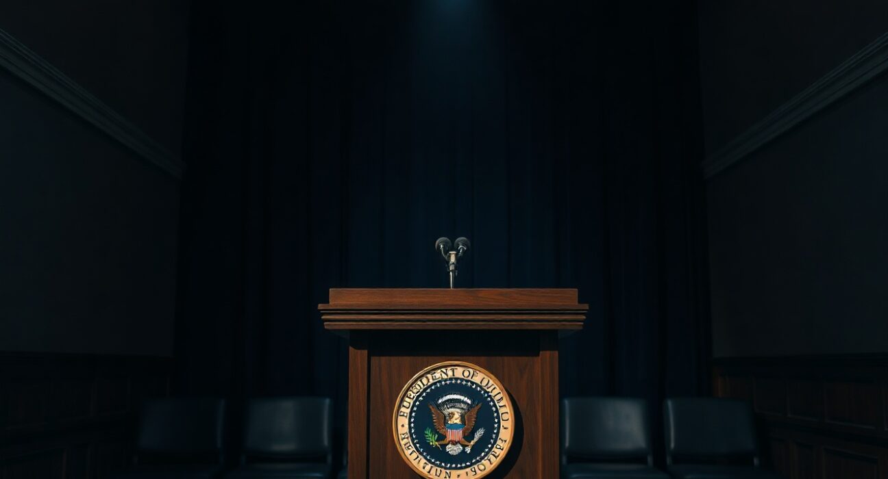 Empty podium with US presidential seal in a dimly lit press briefing room.