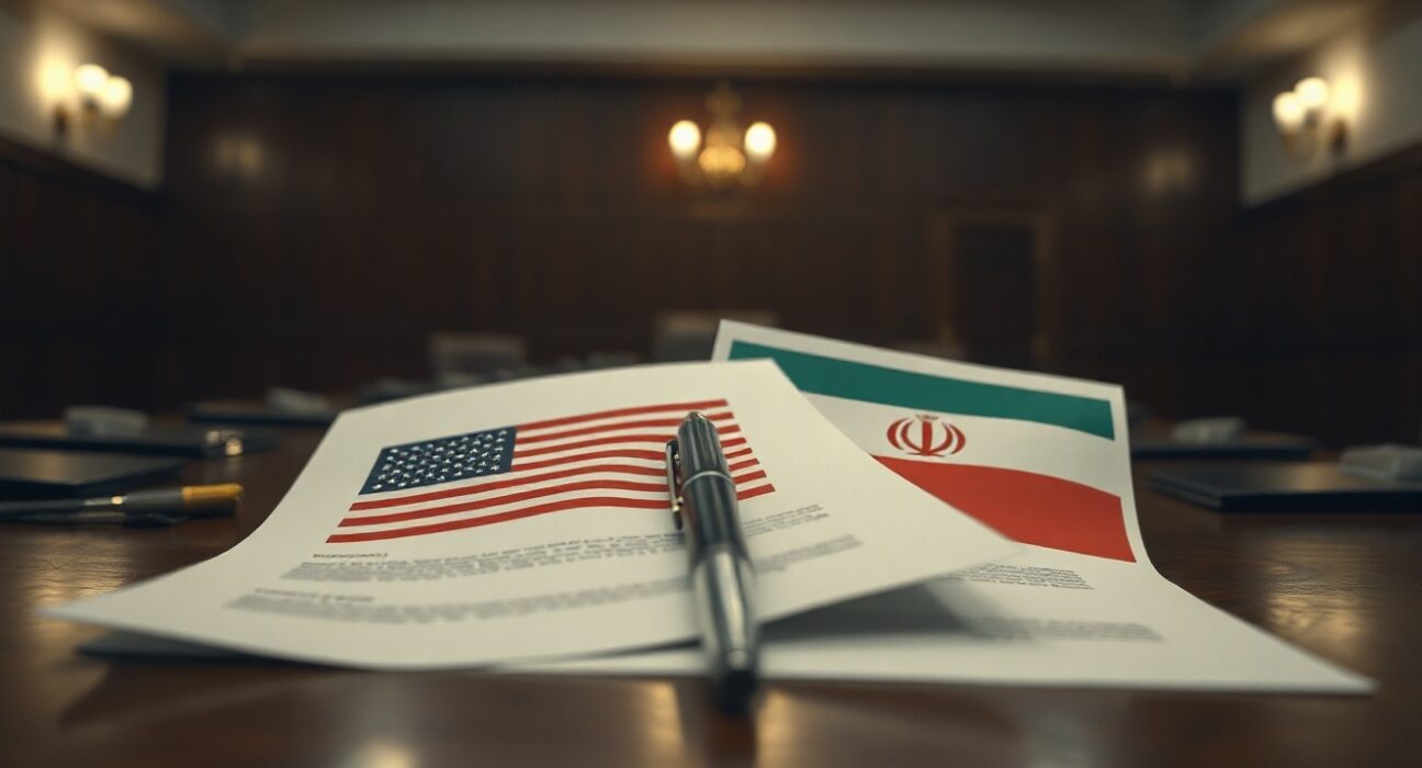 Two official documents with American and Iranian symbols on a negotiation table with a pen, representing conflicting interpretations of a signed agreement.
