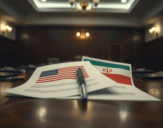 Two official documents with American and Iranian symbols on a negotiation table with a pen, representing conflicting interpretations of a signed agreement.