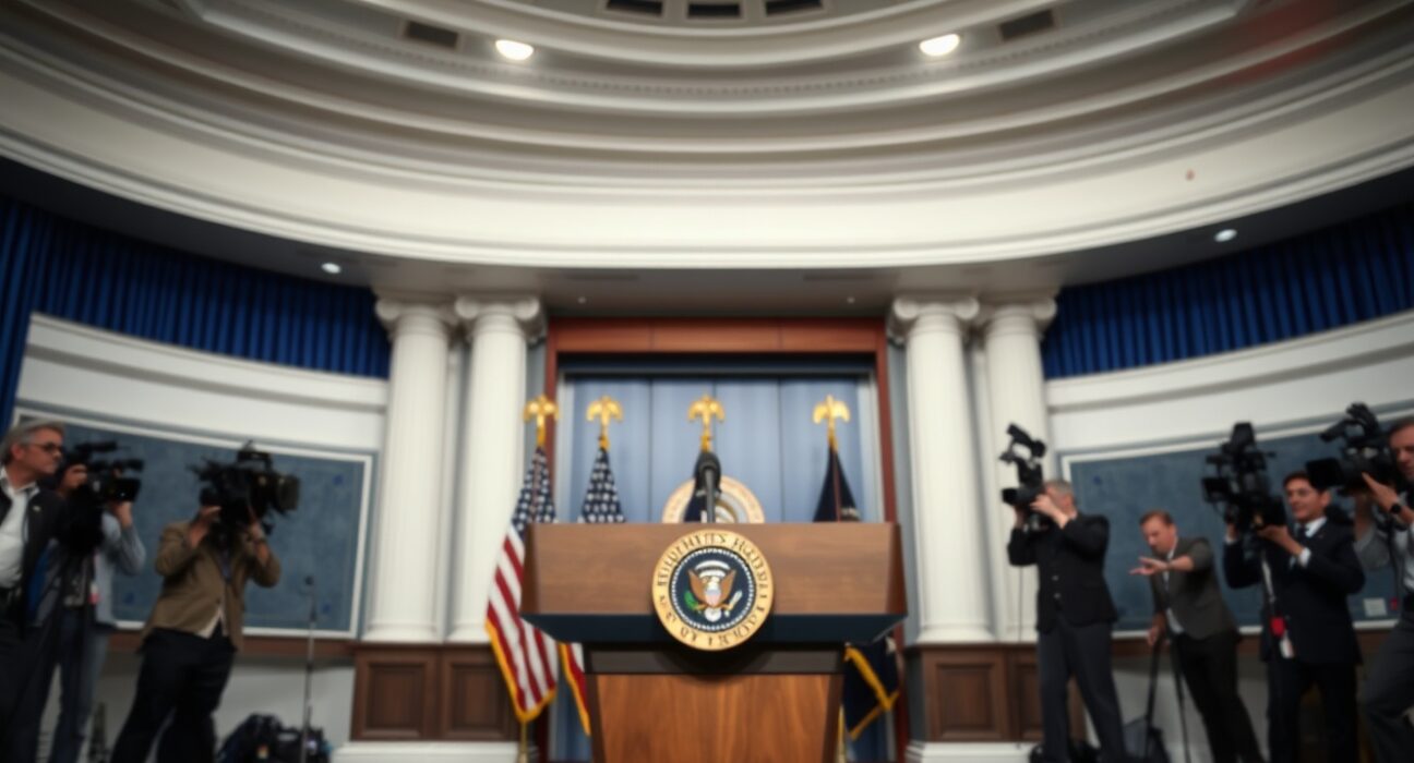 White House press briefing room with podium and journalists during a breaking news announcement.
