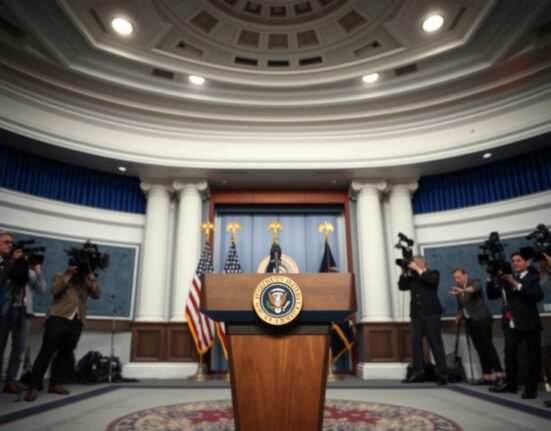 White House press briefing room with podium and journalists during a breaking news announcement.