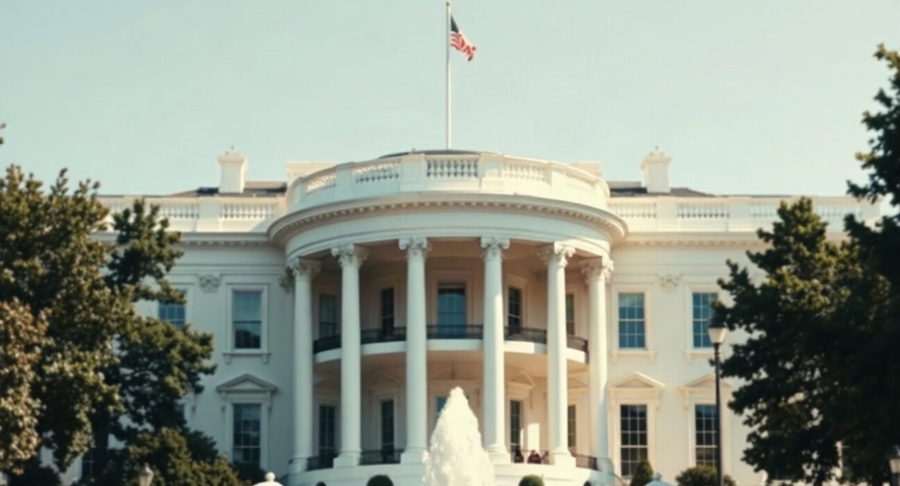 White House exterior on a clear day, representing the Trump administration's Iran policy announcement.