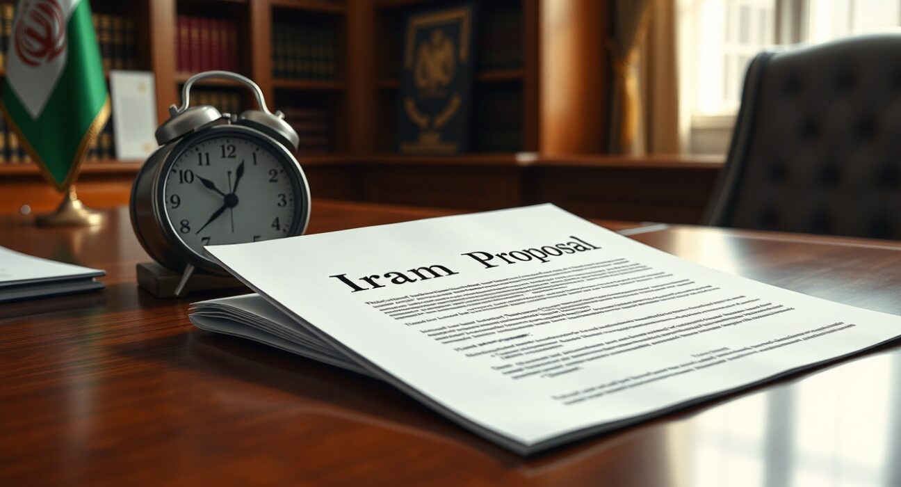 Trump's April 7 deadline for Iran's nuclear proposal document on desk with clock.