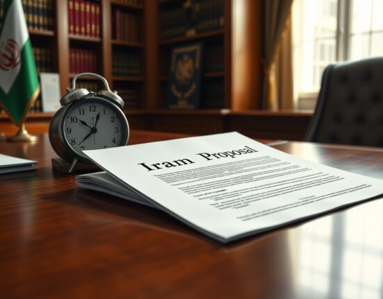 Trump's April 7 deadline for Iran's nuclear proposal document on desk with clock.