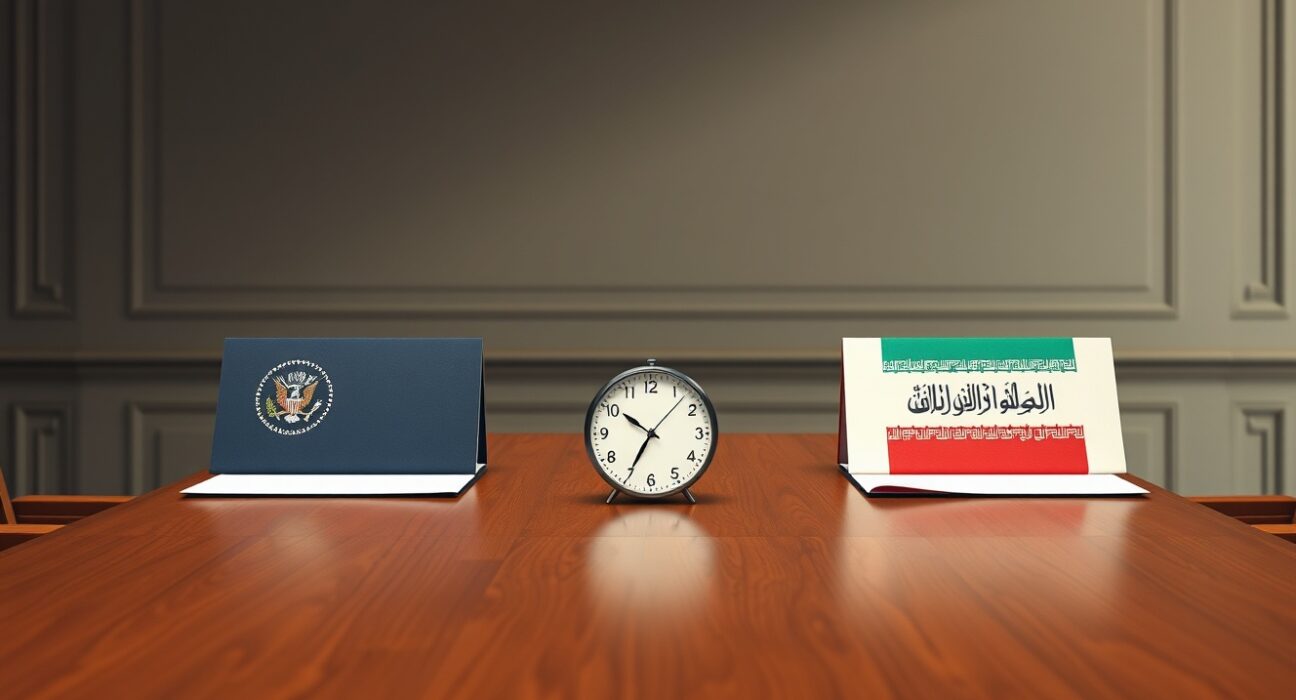 Symbolic representation of US-Iran negotiations with a clock approaching the Trump administration deadline.