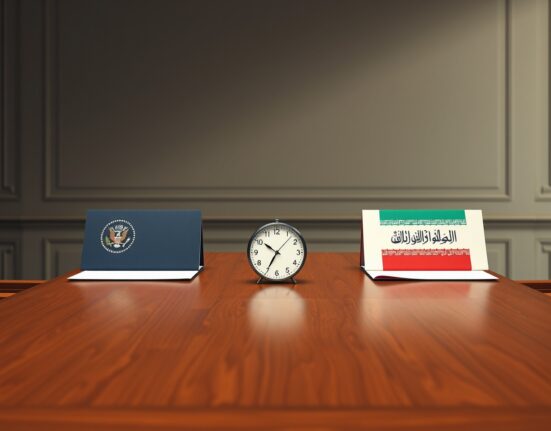 Symbolic representation of US-Iran negotiations with a clock approaching the Trump administration deadline.