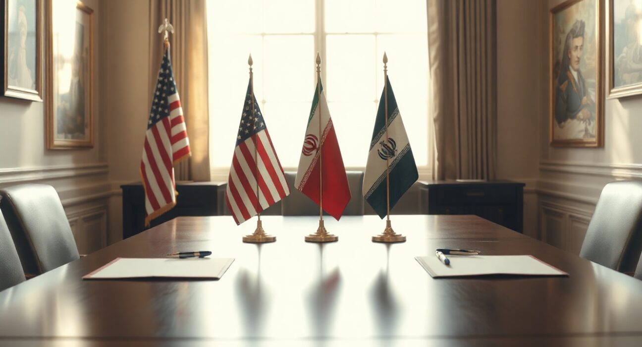 American and Iranian flags on a conference table in a diplomatic setting, suggesting a potential agreement.