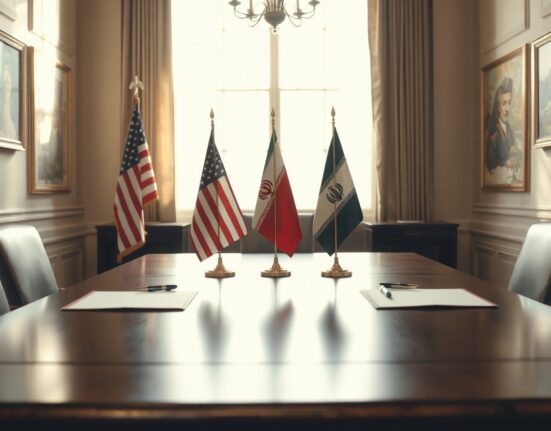 American and Iranian flags on a conference table in a diplomatic setting, suggesting a potential agreement.