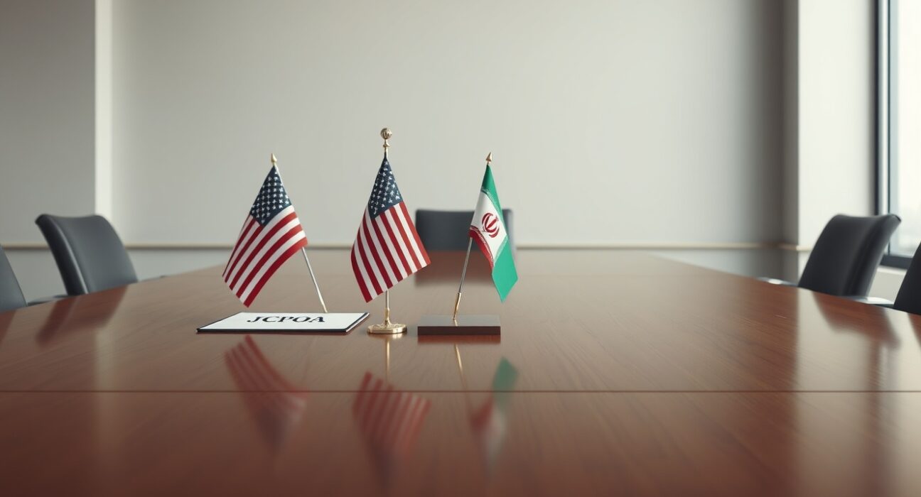 Symbolic representation of US-Iran diplomatic negotiations on the Iran nuclear deal.