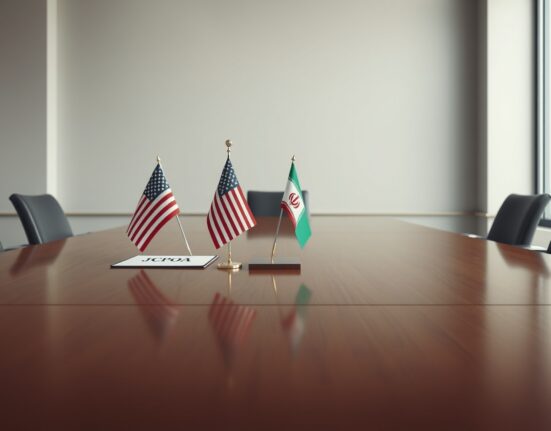 Symbolic representation of US-Iran diplomatic negotiations on the Iran nuclear deal.