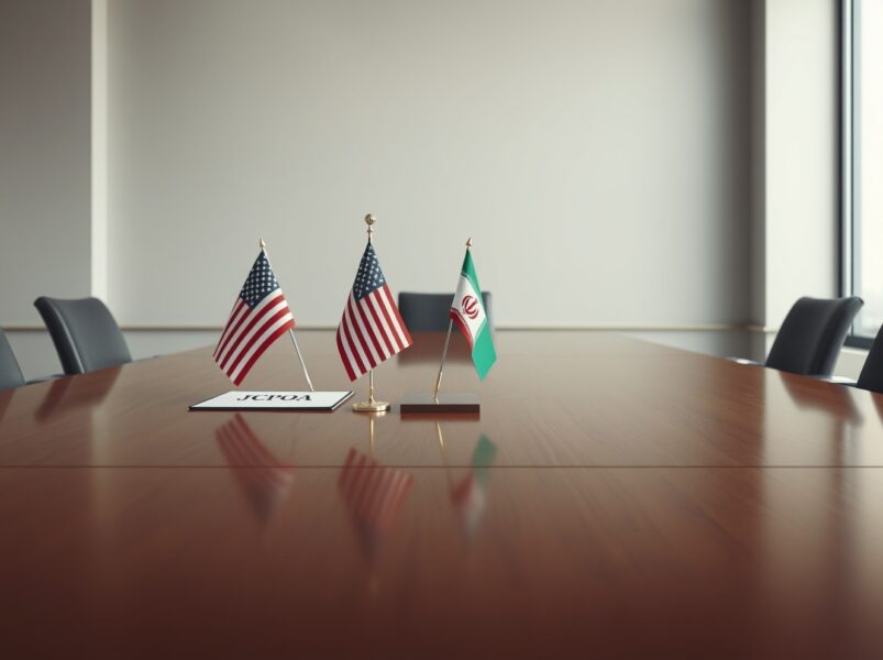 Symbolic representation of US-Iran diplomatic negotiations on the Iran nuclear deal.