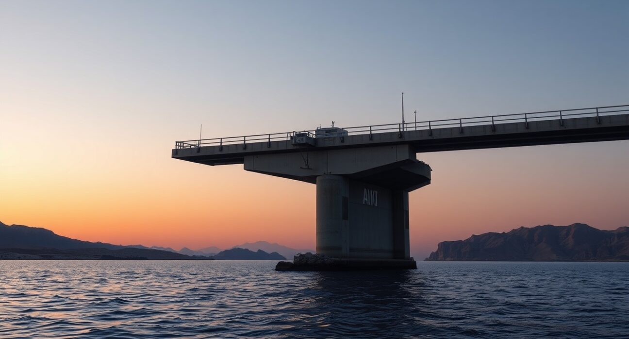 Damaged bridge in the Strait of Hormuz following a strike, central to US-Iran tensions.