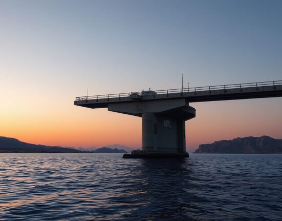 Damaged bridge in the Strait of Hormuz following a strike, central to US-Iran tensions.