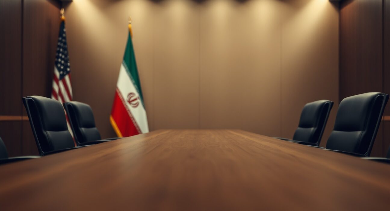 Empty negotiation table with US and Iranian flags in background, symbolizing diplomatic uncertainty