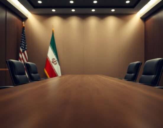 Empty negotiation table with US and Iranian flags in background, symbolizing diplomatic uncertainty