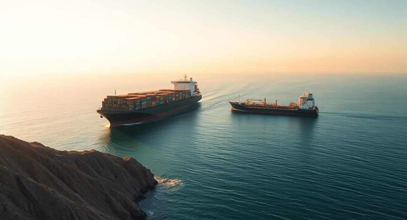 Container ship and oil tanker navigating the Strait of Hormuz at dawn, with coastline in background.