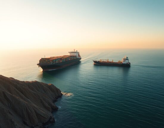 Container ship and oil tanker navigating the Strait of Hormuz at dawn, with coastline in background.