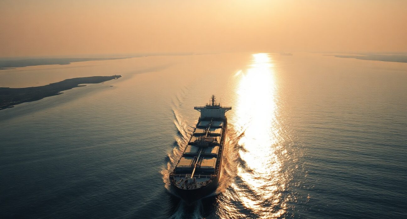 Oil tanker sailing through the Strait of Hormuz at sunset