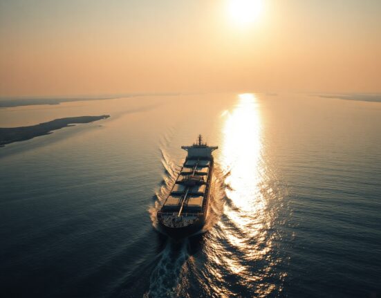 Oil tanker sailing through the Strait of Hormuz at sunset