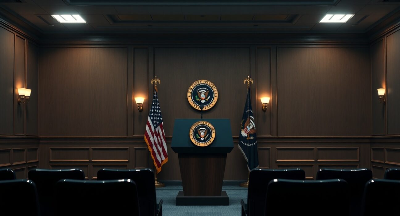 Presidential podium in empty press briefing room with dim lighting and serious atmosphere