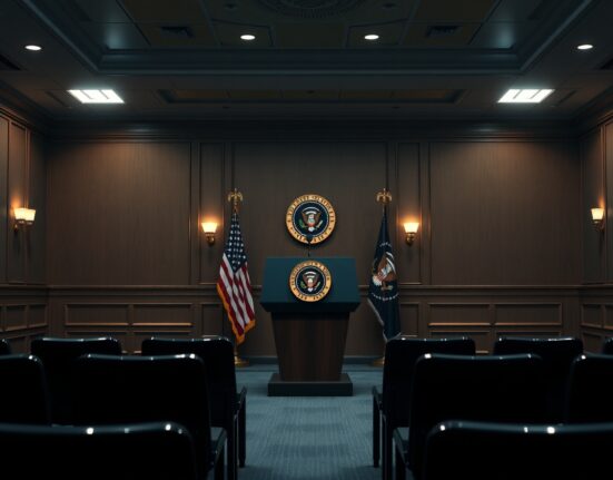 Presidential podium in empty press briefing room with dim lighting and serious atmosphere