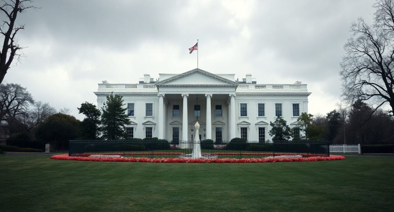White House exterior on a cloudy day, representing US political decision-making on Iran nuclear negotiations.