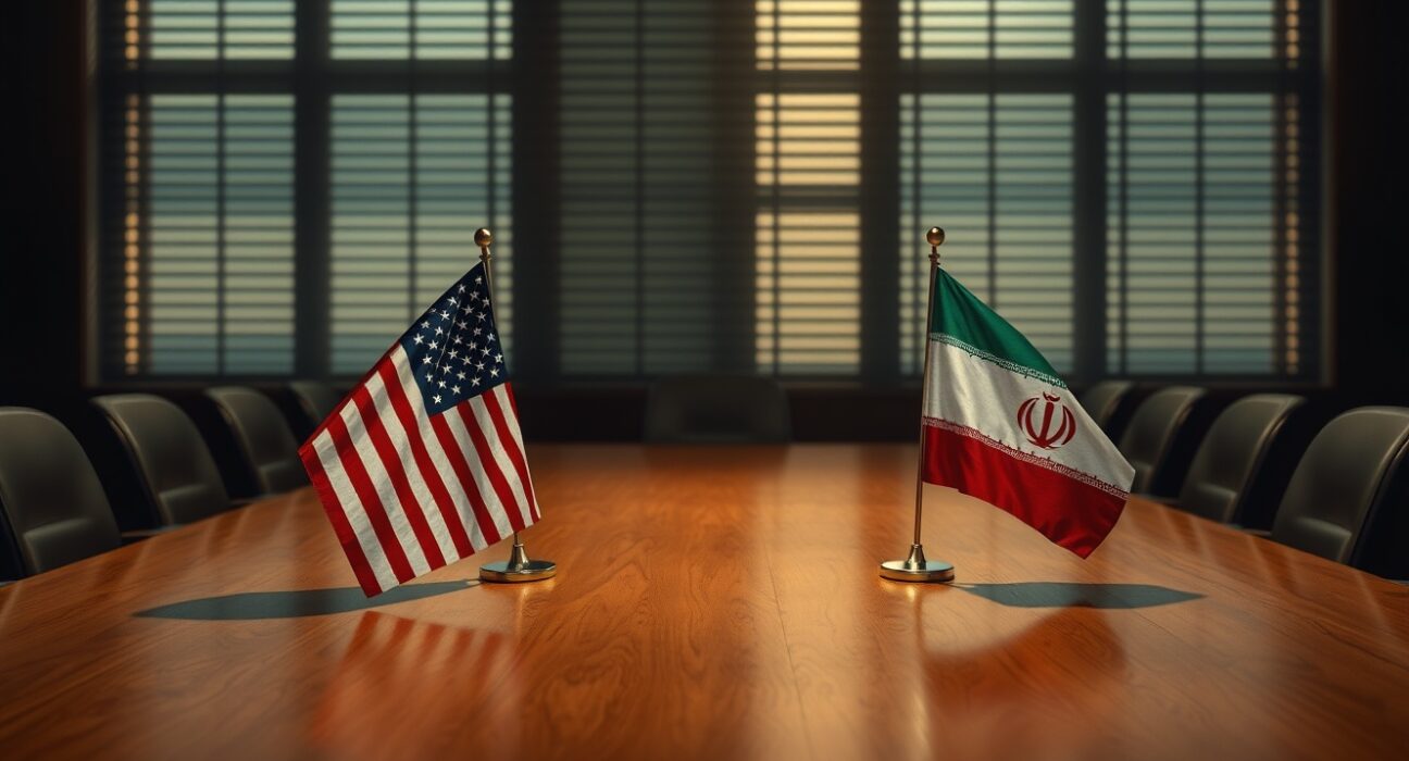 American and Iranian flags on a negotiation table representing the Trump Iran deal and permanent nuclear agreement talks.