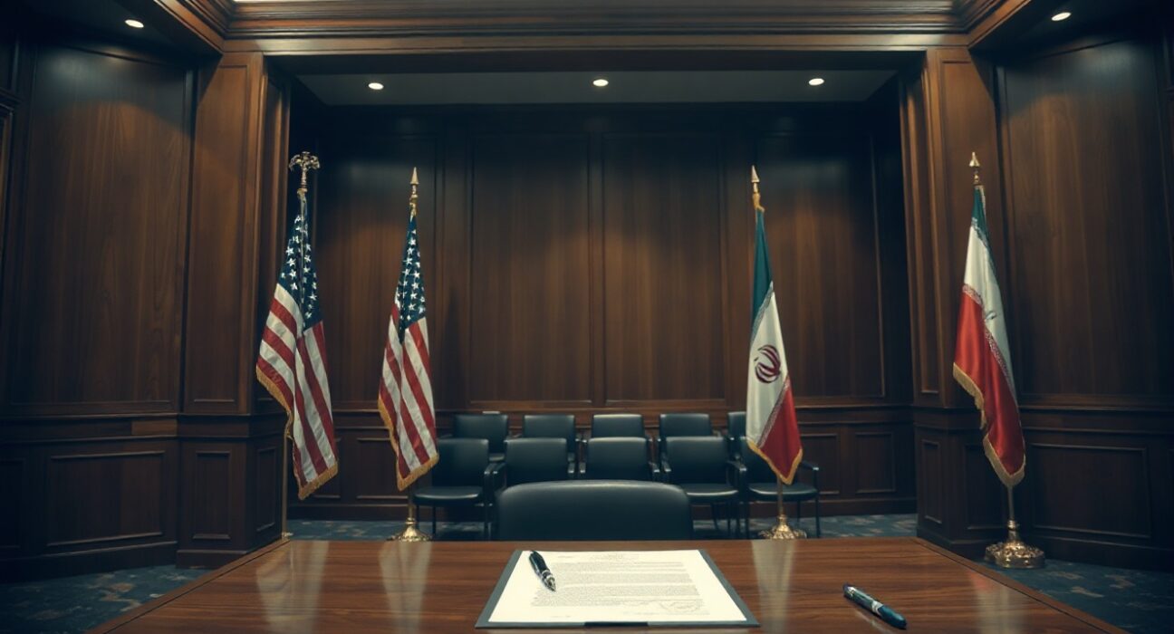 US and Iran flags flank a signed agreement document on a podium in a formal diplomatic room.