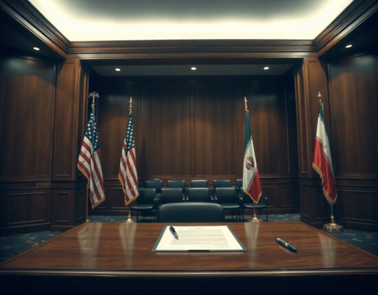 US and Iran flags flank a signed agreement document on a podium in a formal diplomatic room.