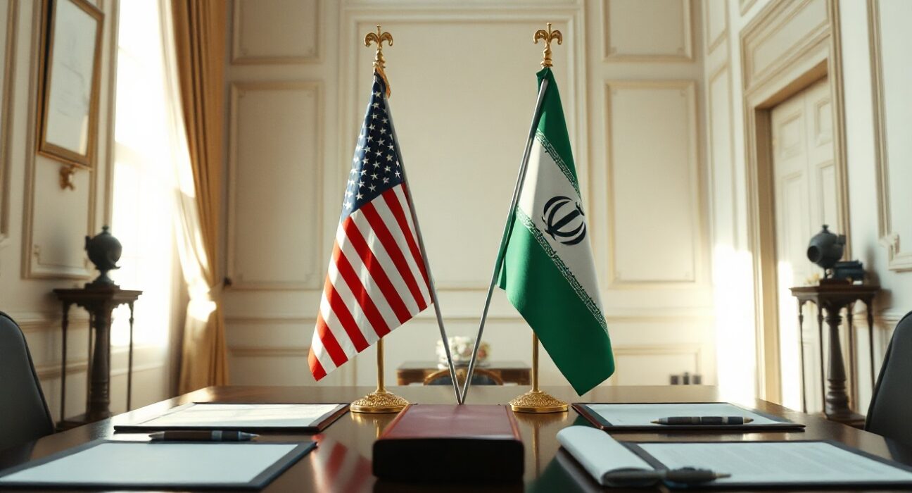 US and Iranian flags on a table with signing documents, representing the upcoming nuclear deal signing.