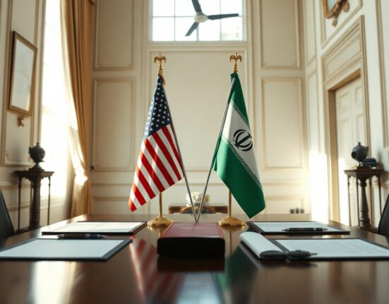 US and Iranian flags on a table with signing documents, representing the upcoming nuclear deal signing.