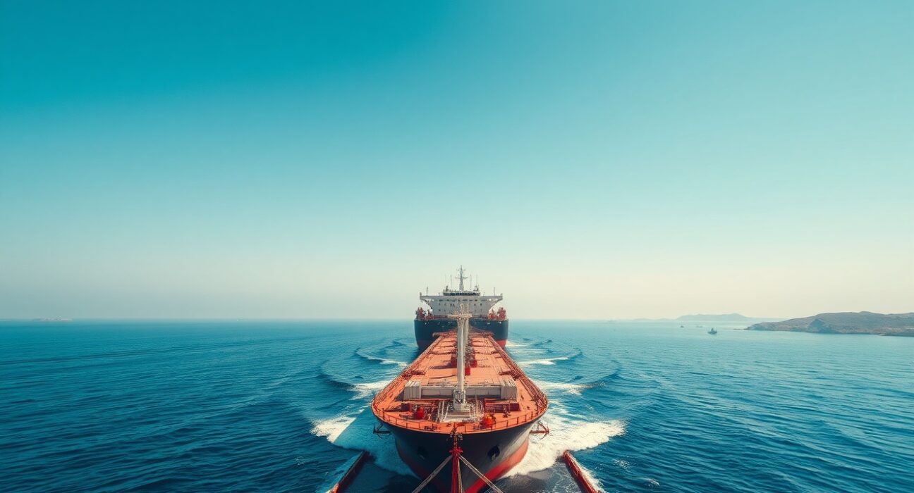 A cargo ship sailing through the Strait of Hormuz under a clear sky, representing the reopening of the waterway after a U.S.-Iran deal.