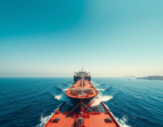 A cargo ship sailing through the Strait of Hormuz under a clear sky, representing the reopening of the waterway after a U.S.-Iran deal.