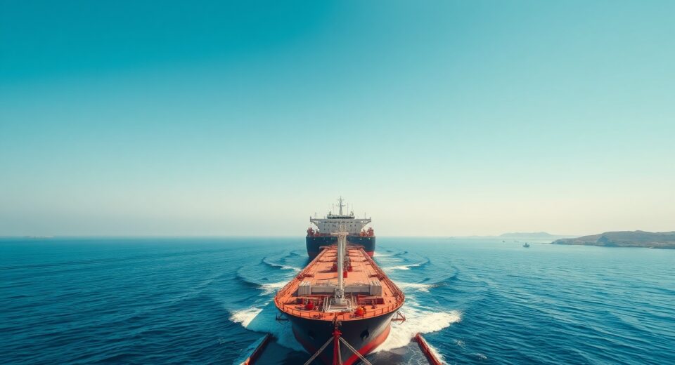 A cargo ship sailing through the Strait of Hormuz under a clear sky, representing the reopening of the waterway after a U.S.-Iran deal.