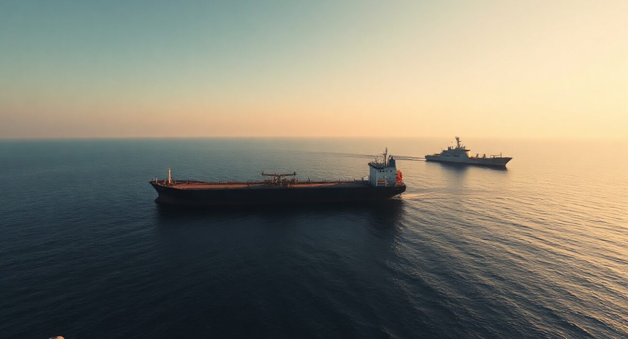 Aerial view of the Strait of Hormuz with a tanker and naval vessel at sunrise