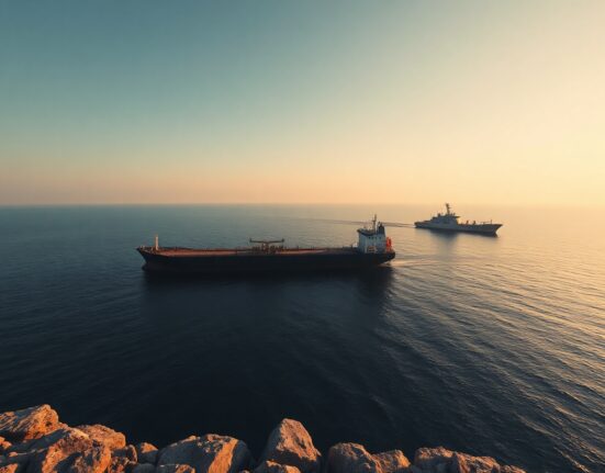 Aerial view of the Strait of Hormuz with a tanker and naval vessel at sunrise
