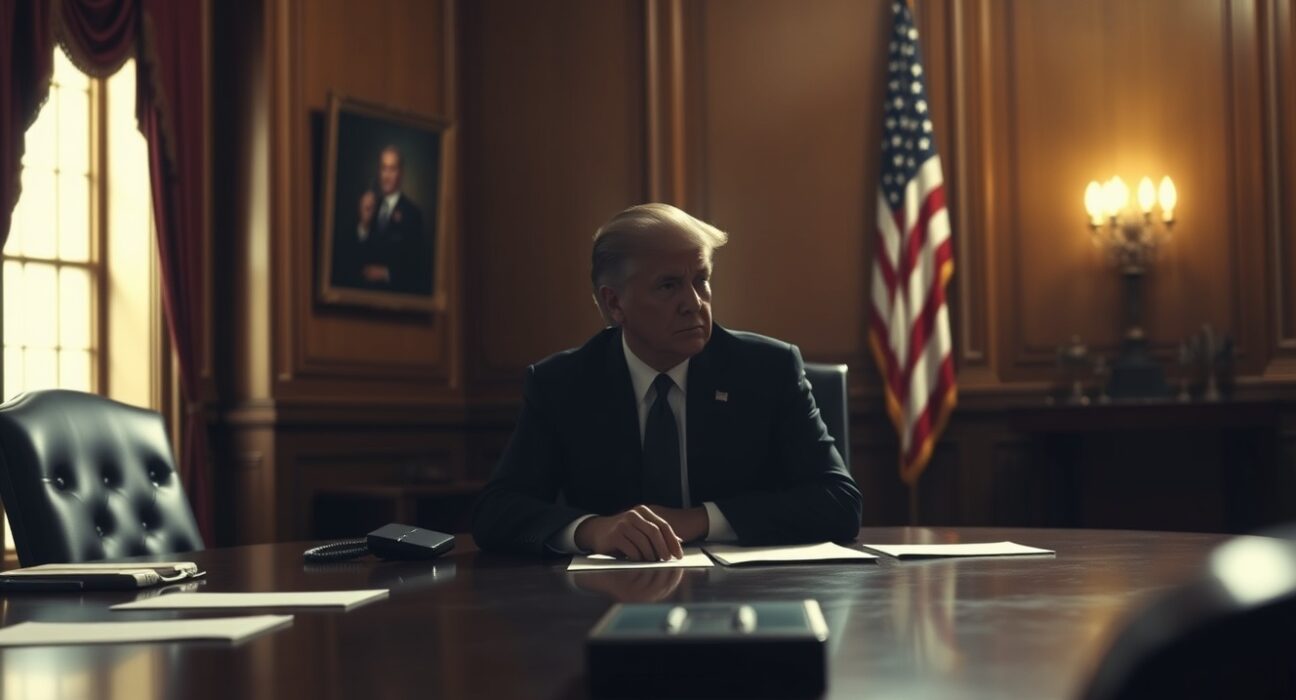President Trump in a dimly lit room, appearing contemplative about Iran negotiations.
