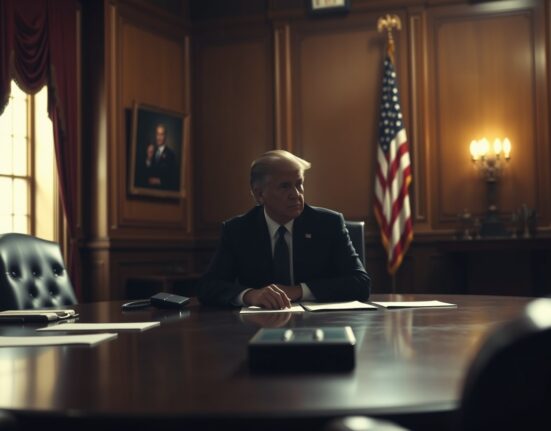 President Trump in a dimly lit room, appearing contemplative about Iran negotiations.