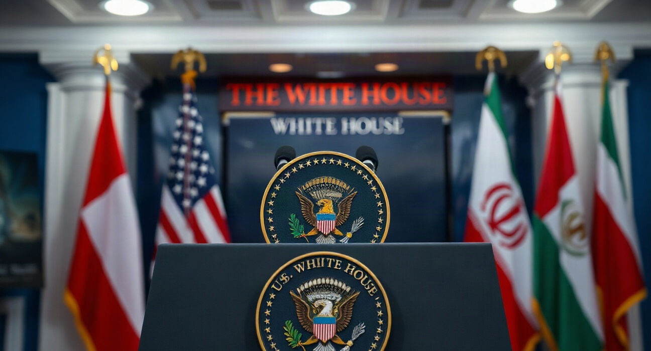 Presidential podium with U.S. seal in White House briefing room, symbolizing Trump's Iran deal remarks.
