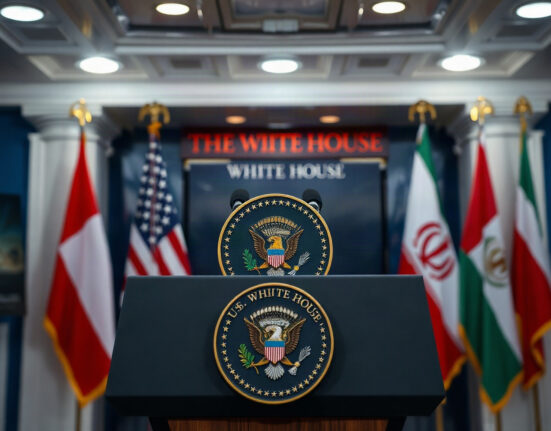 Presidential podium with U.S. seal in White House briefing room, symbolizing Trump's Iran deal remarks.