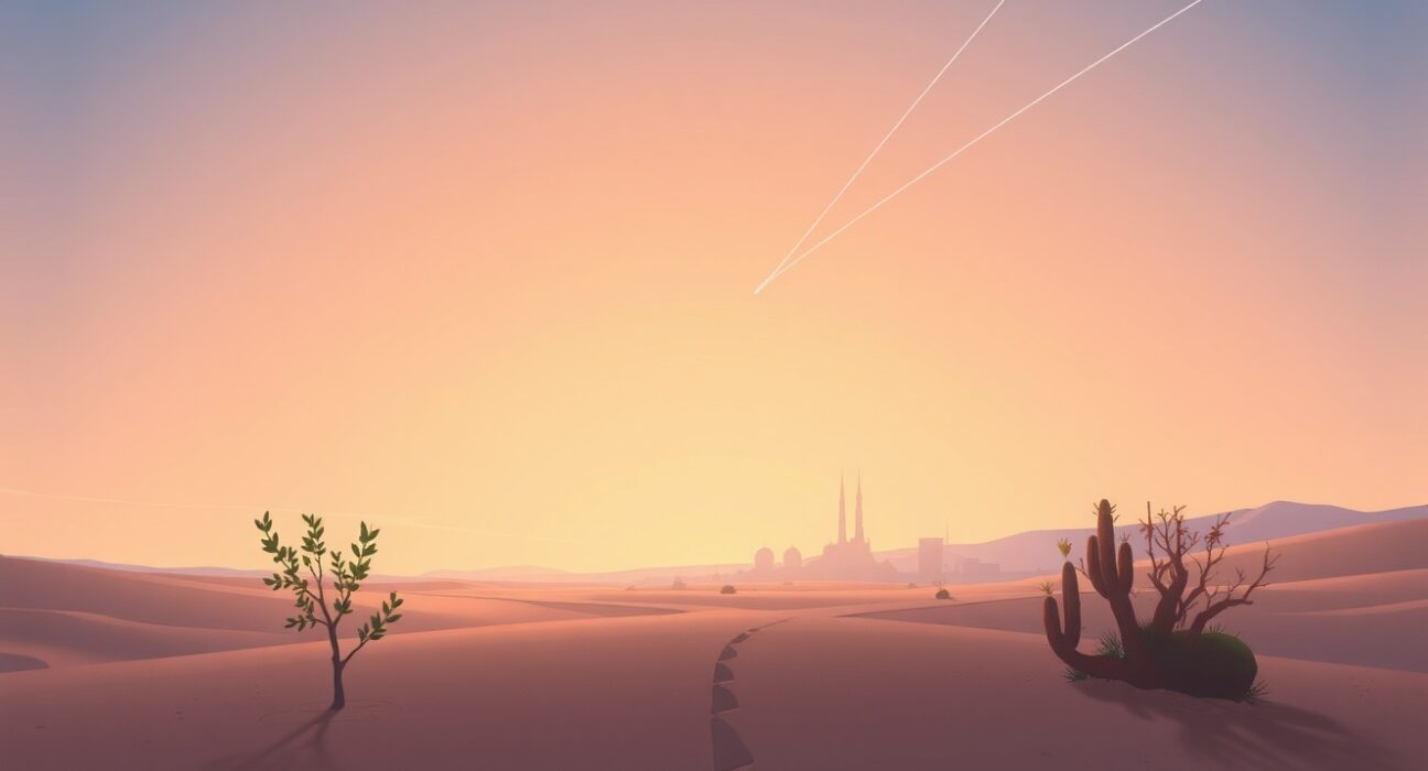 Symbolic representation of the critical Trump Iran decision at a diplomatic crossroads with Middle Eastern backdrop.