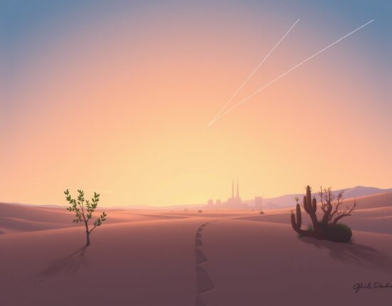 Symbolic representation of the critical Trump Iran decision at a diplomatic crossroads with Middle Eastern backdrop.