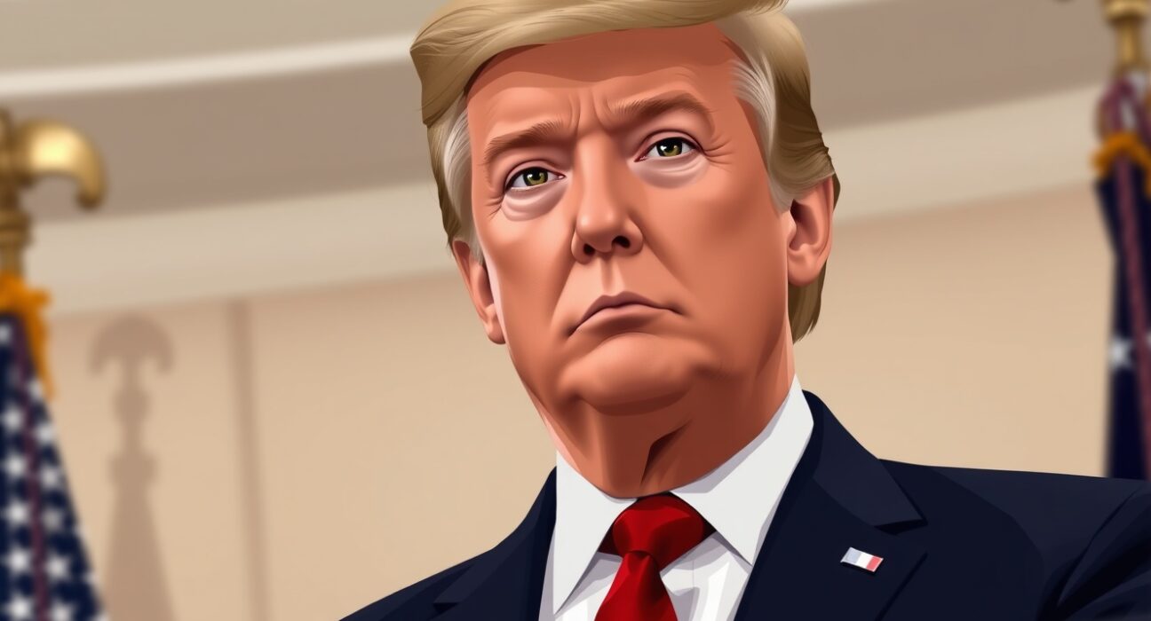 Former President Trump at a podium discussing the critical Iran decision.