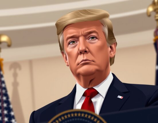 Former President Trump at a podium discussing the critical Iran decision.