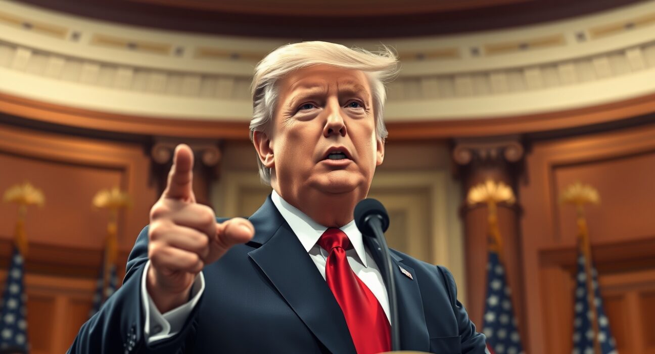 President Trump declaring US policy on Iran during Capitol Hill speech about Middle East strategy.