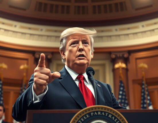 President Trump declaring US policy on Iran during Capitol Hill speech about Middle East strategy.