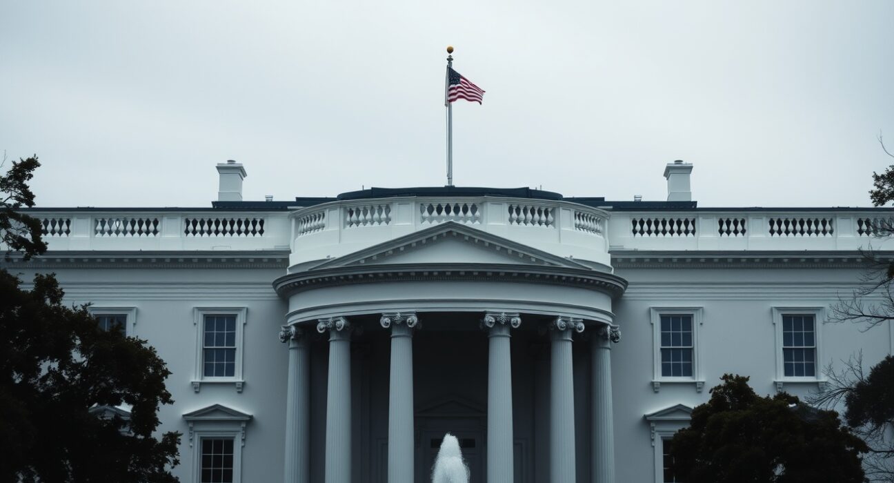 The White House under an overcast sky, representing US diplomatic stance on Iran.