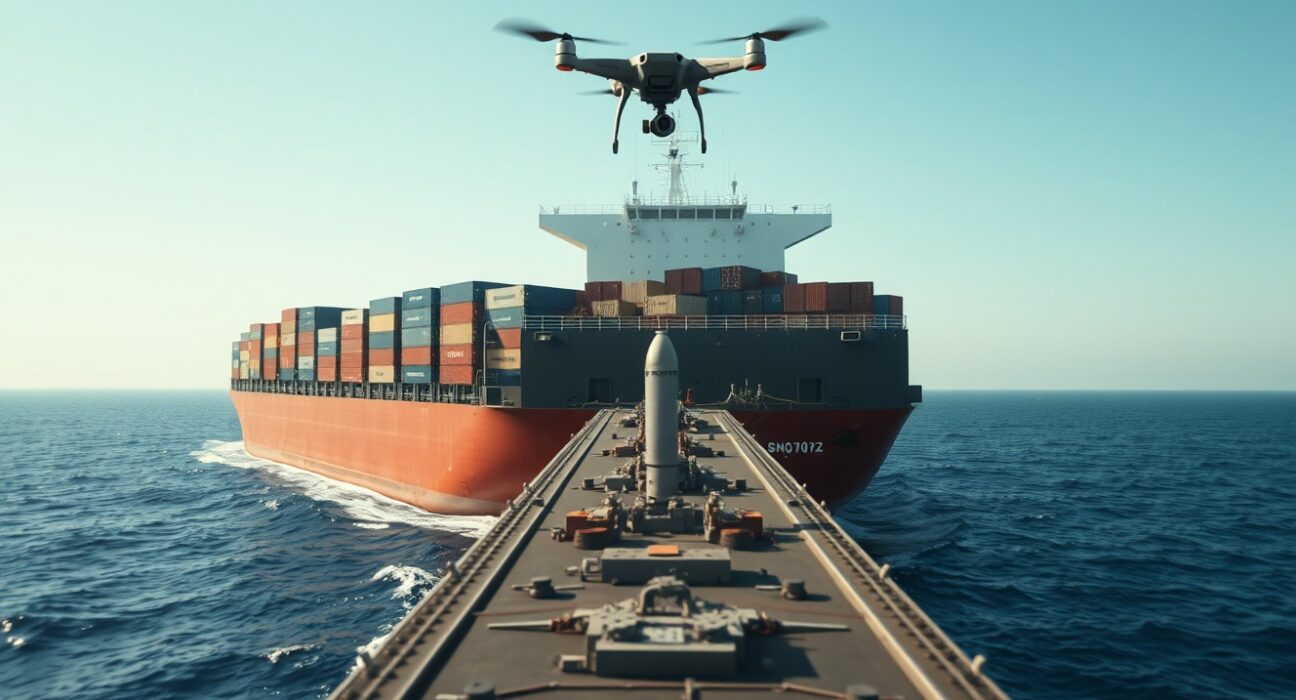 A cargo ship in the Strait of Hormuz near a drone, illustrating a reported attack.