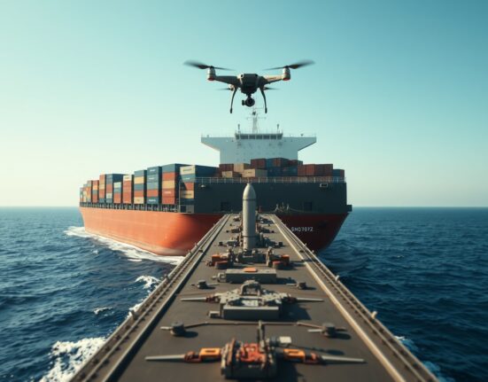 A cargo ship in the Strait of Hormuz near a drone, illustrating a reported attack.