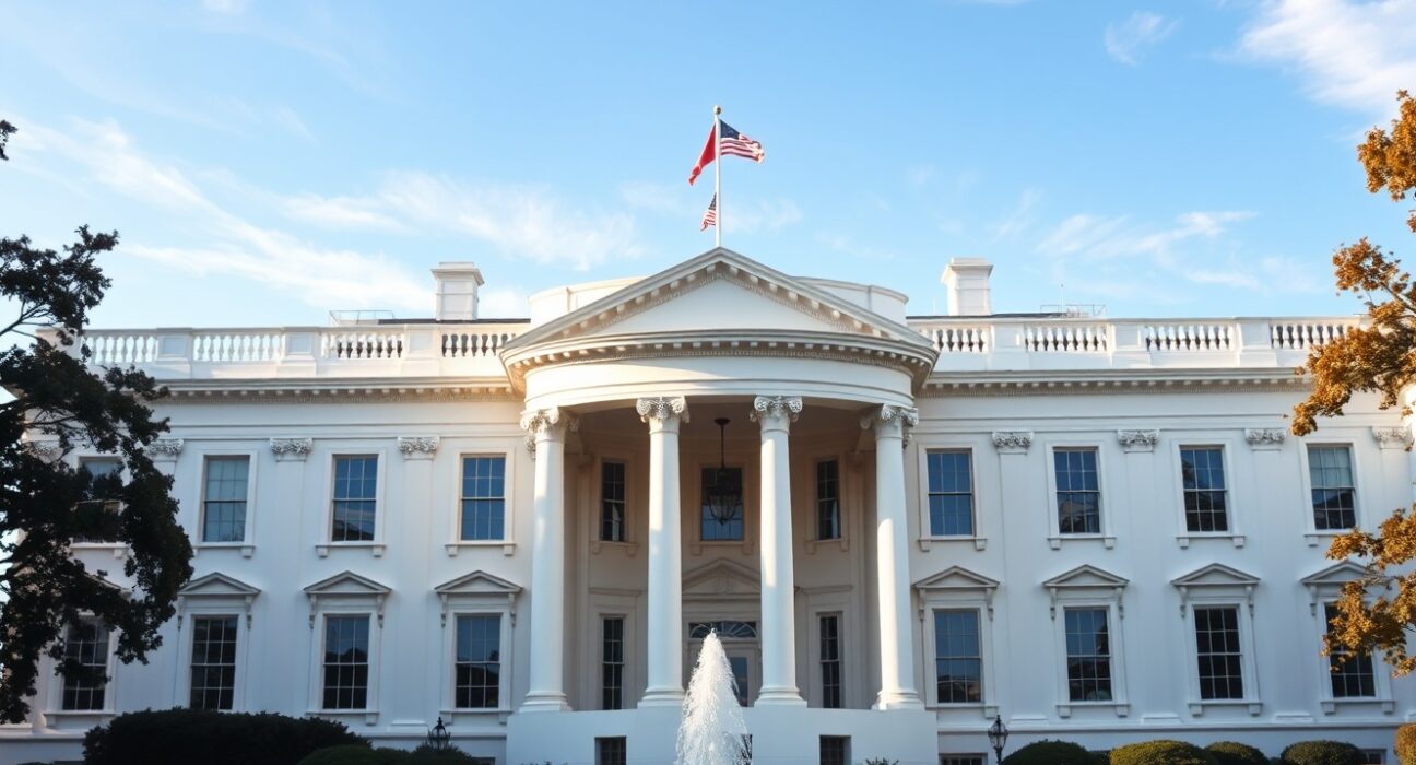 White House exterior on a sunny day, representing US diplomatic stance on Iran